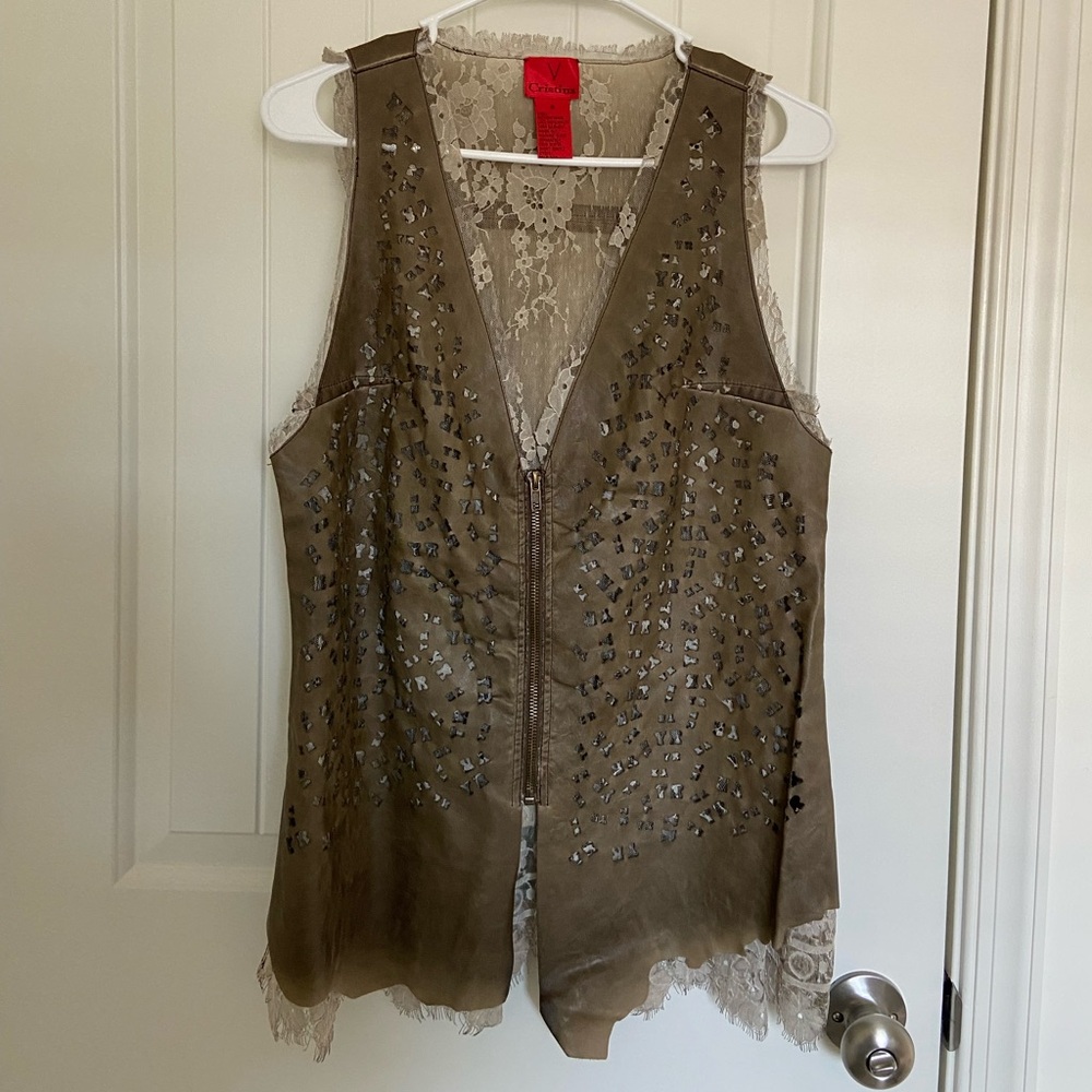 Cristina women’s metallic goldish‎ brown faux leather lace zip front vest medium
